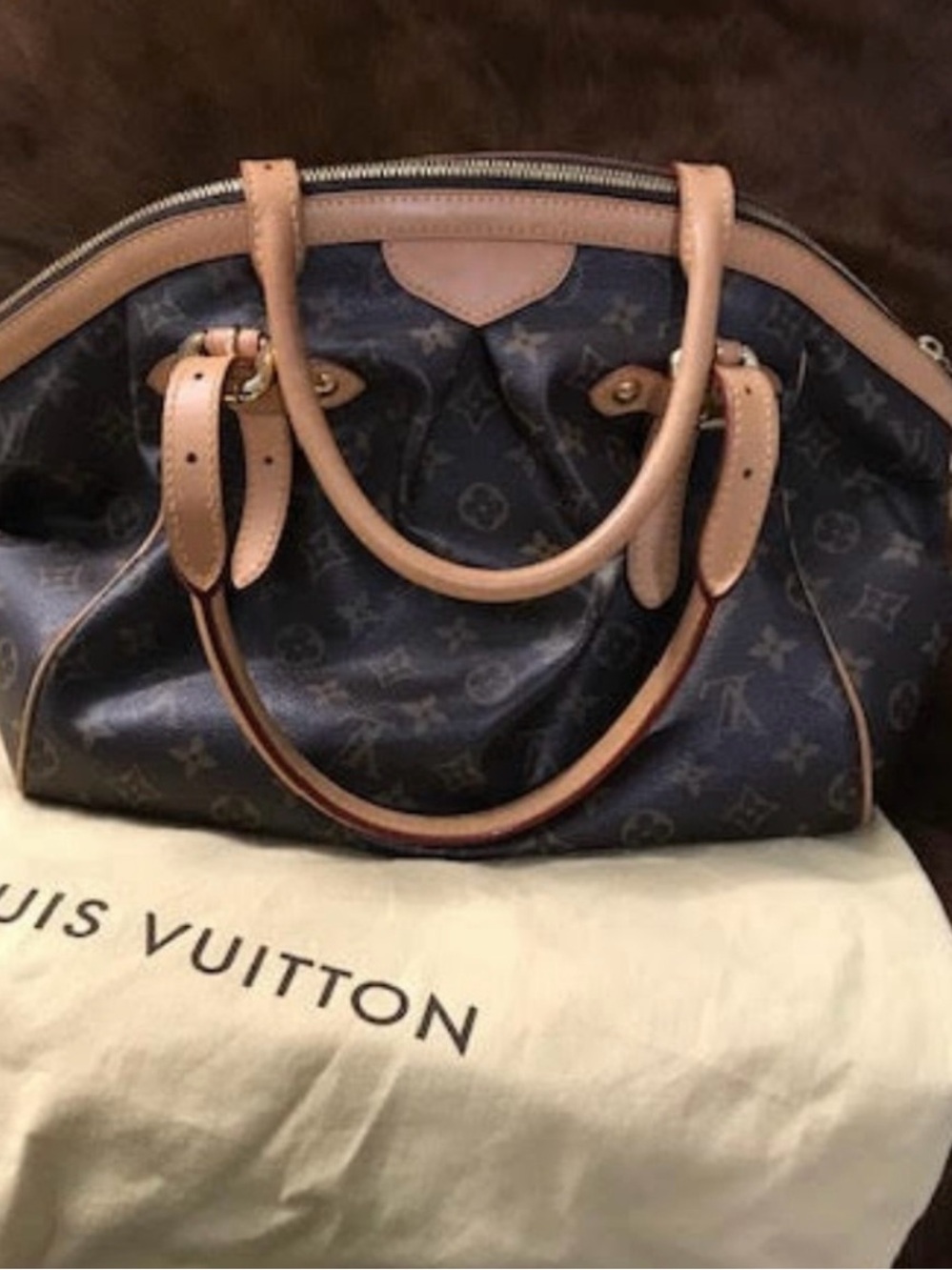 Louis Vuitton Dark Brown Monogram Satchel with Light Tan Leather Handles